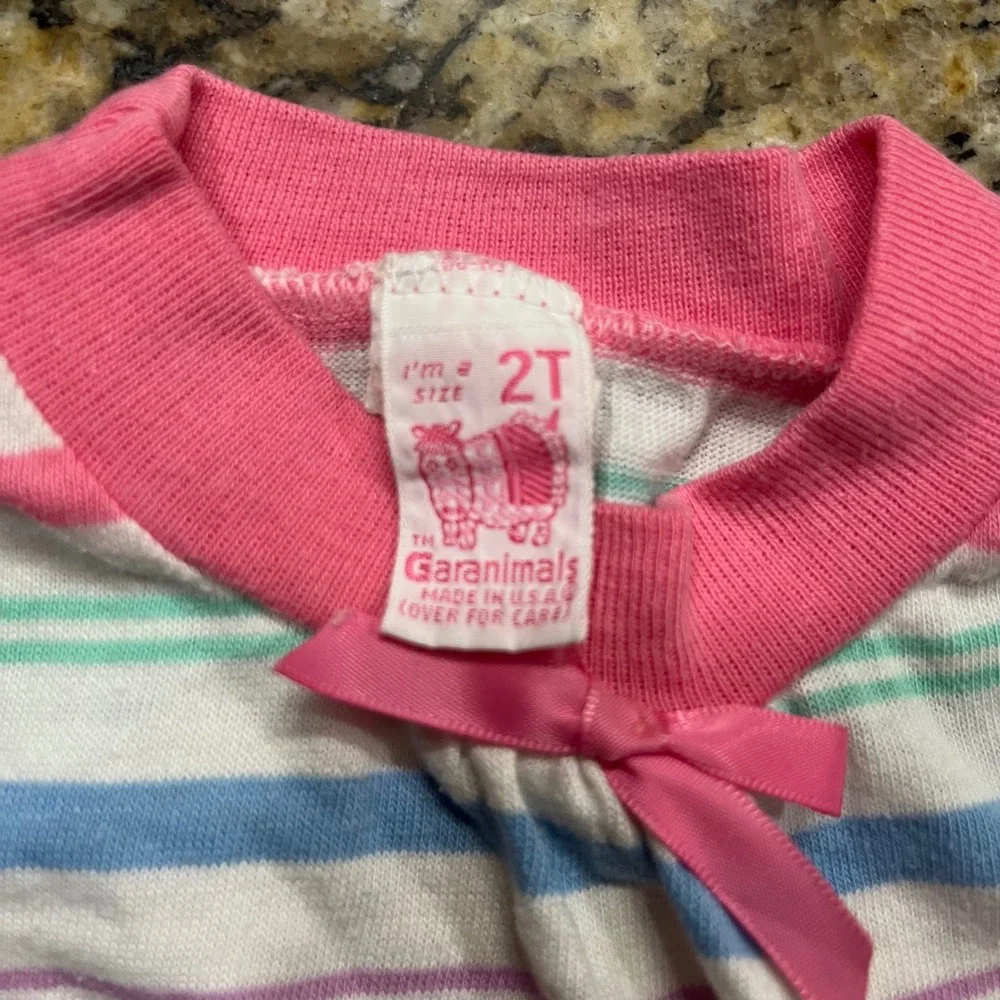 Vintage Garanimals 2T Striped T-Shirt Pink Blue Pastel Bow Made in USA Kids